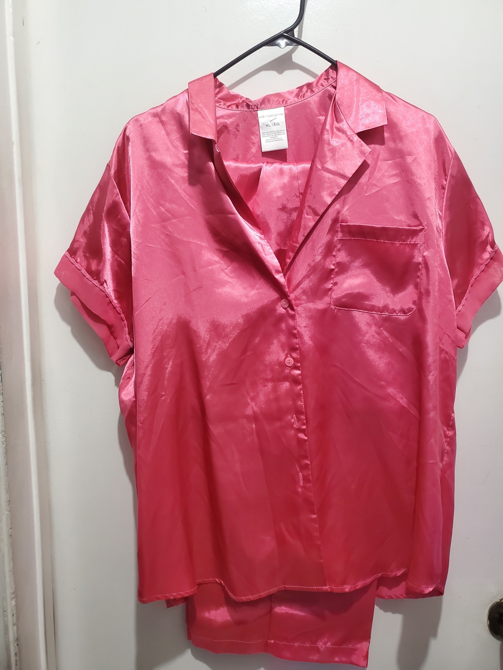 Liz Claiborne Satin Short-Sleeve Pajama Top and Bottom in Hot Pink